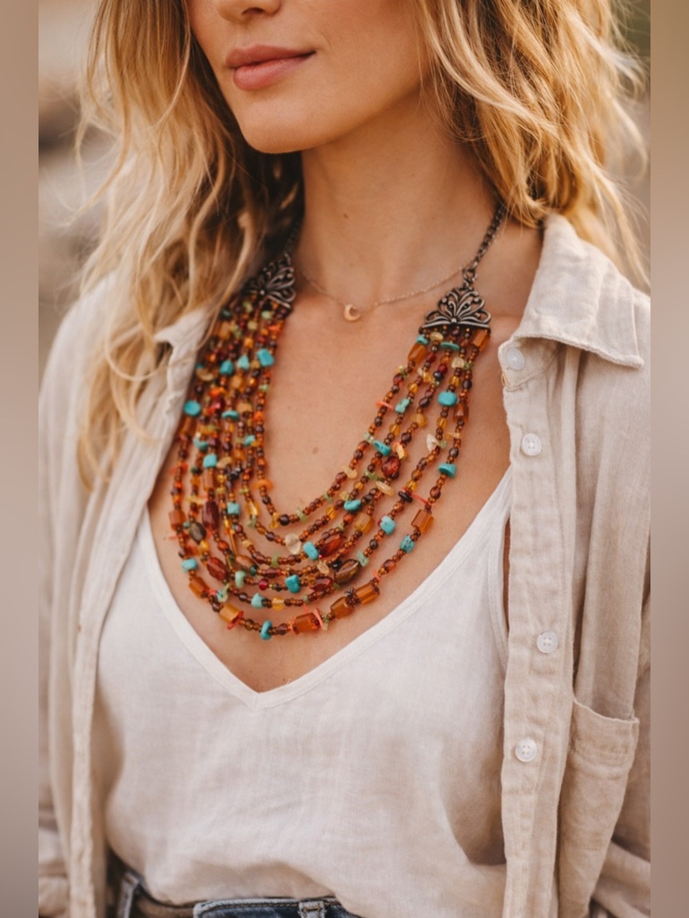 Vintage Monet Boho Multi Strand Beaded Necklace Turquoise Amber Festival Western